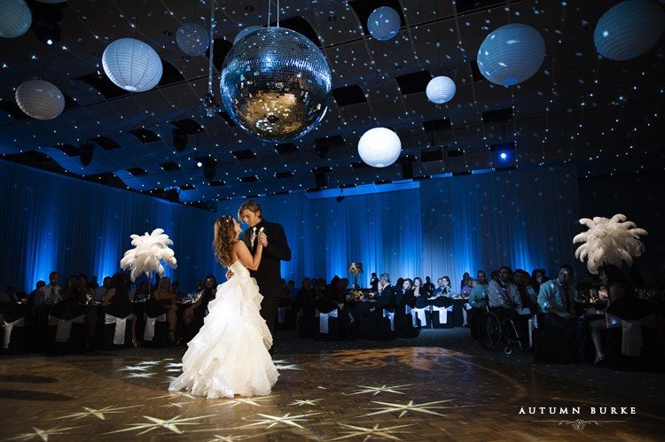 Bride and groom first dance Seawell Ballroom wedding at the DCPA Denver Center for the Performing Arts