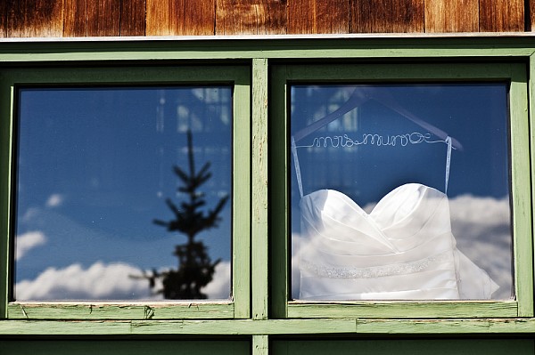keystone ranch colorado mountain wedding dress in window